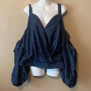 Ashley Stewart Chambray Cold Shoulder Surplice W/ Ruffle Sleeves